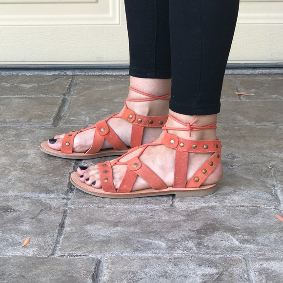 Orange Crush Leather Distressed Gladiator Sandals - Picture 4 of 7